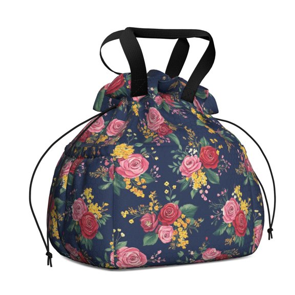 Pioneer Flower Drawstring Lunch Bag Women - Drawstring Lunch Bag Insulated for Work Office - Stain-Resistant Large Lunchbags for Women with Multi-Pockets