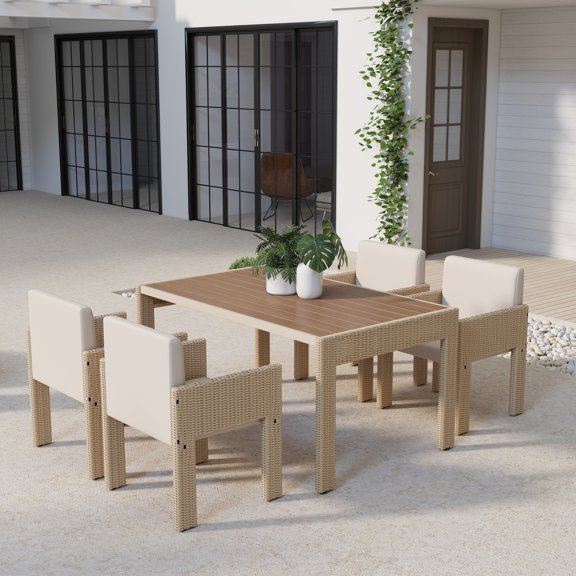 Guyou Rattan Patio Dining Chairs, Outdoor Wicker Chairs Set of 4, Modern Patio Metal Chairs for Dining Table, Outdoor Patio Chair with Cushions for Garden, Beige