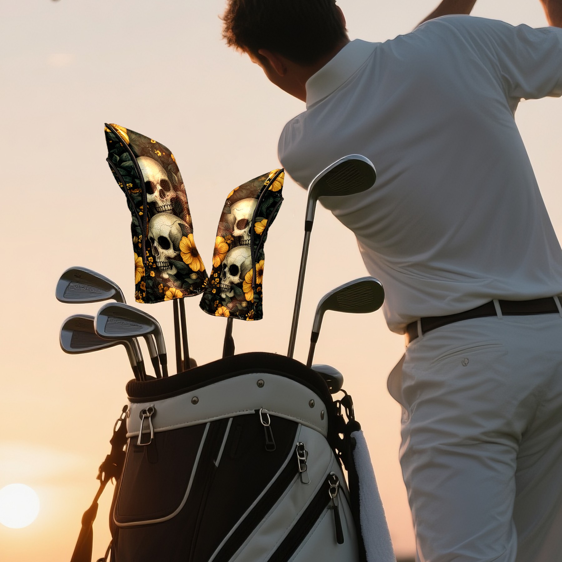 Golf Club Covers PU Leather Waterproof Head Covers for Fairway Woods Hybrids Yellow Flowers And Skulls