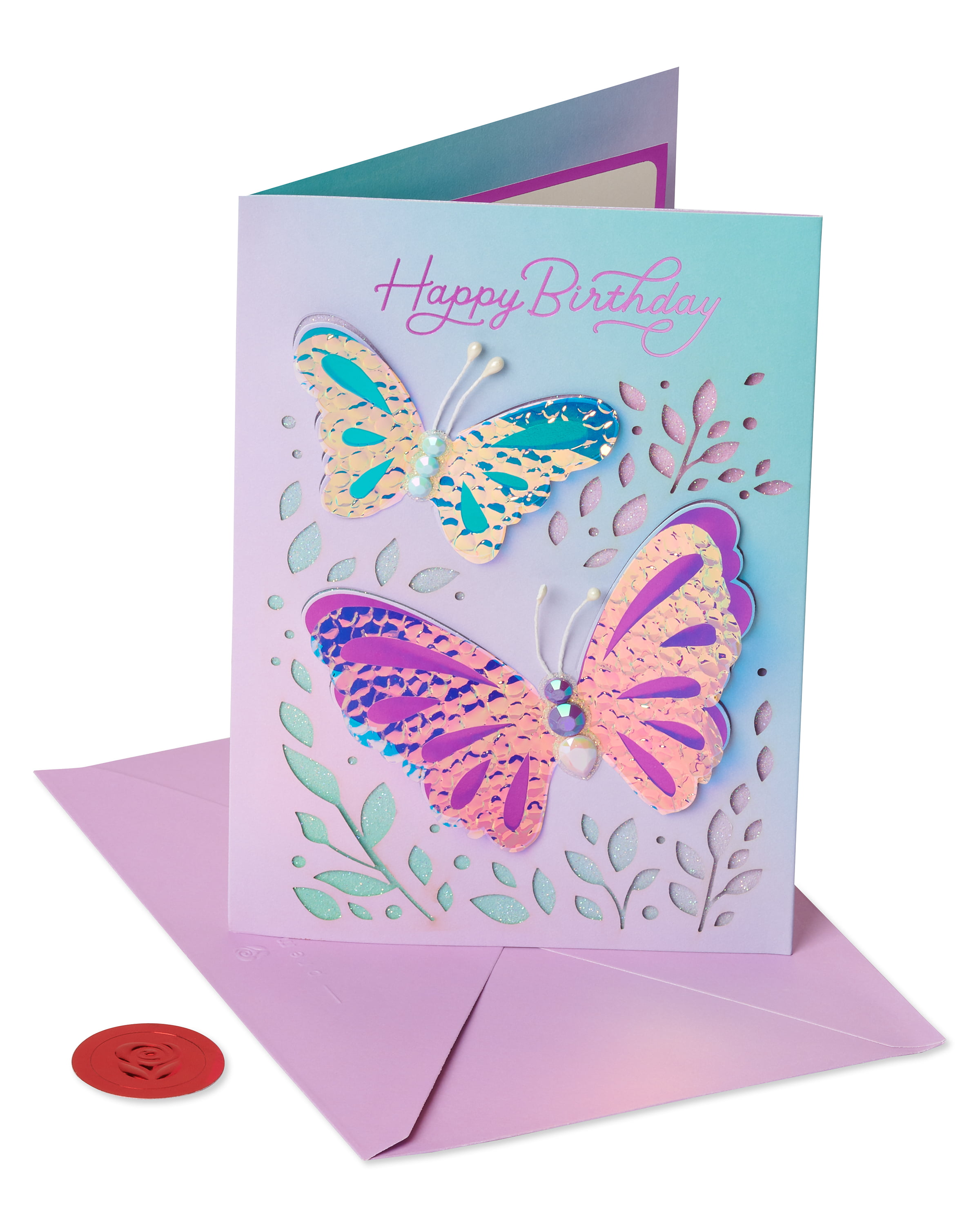 Pretty Handmade Birthday Card Blue Butterflies & Envelope/Mail Girl Happy
