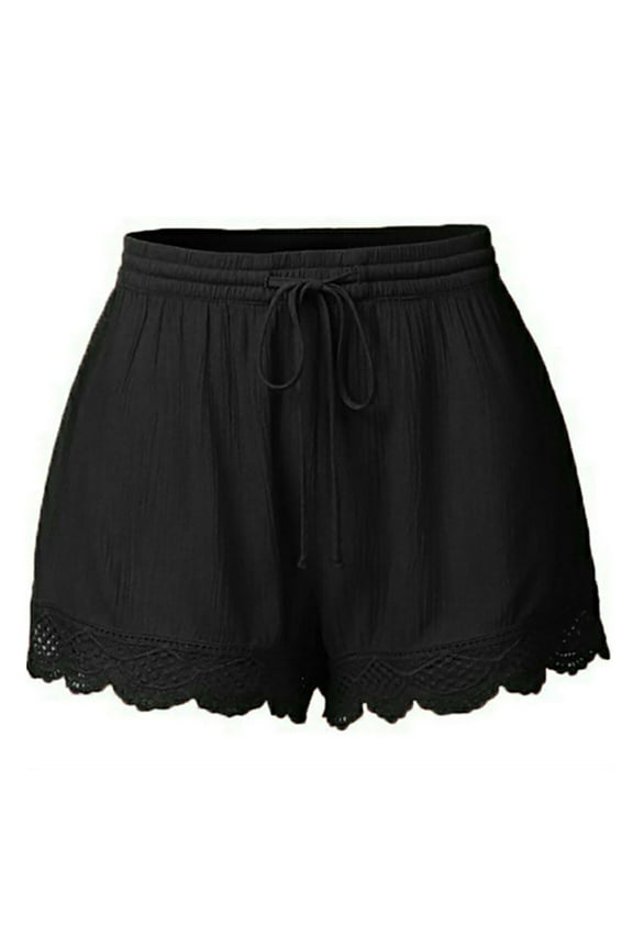 Shorts for Women Crochet Trim High Waisted Loose Flowy Shorts Drawstring Casual Elastic Wasit Ruffle Shorts Lightweight Summer Beach Wear