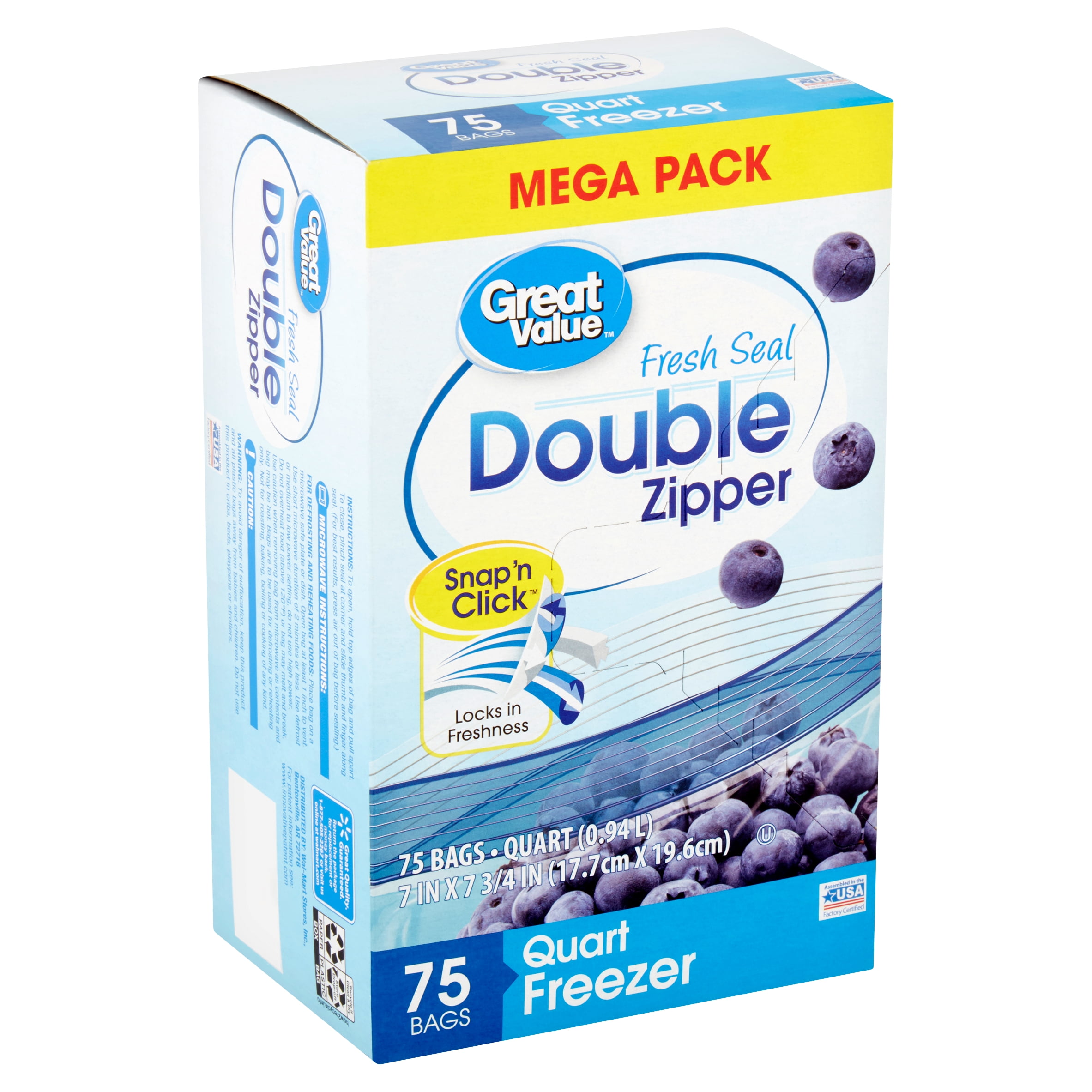 Great Value Double Zipper Quart Freezer Bags Mega Pack, 75 count