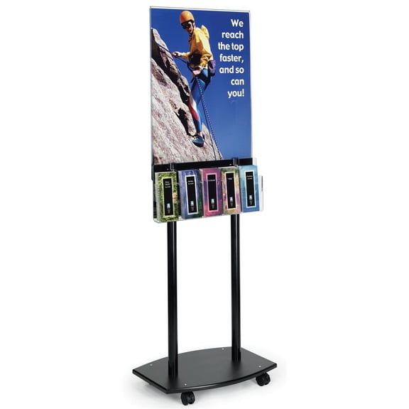 Poster Display Stand, Black Acrylic Poster Frame Holds (2) 22w x 28h Images Floor Standing Sign Holder Includes a Literature Rack and Casters