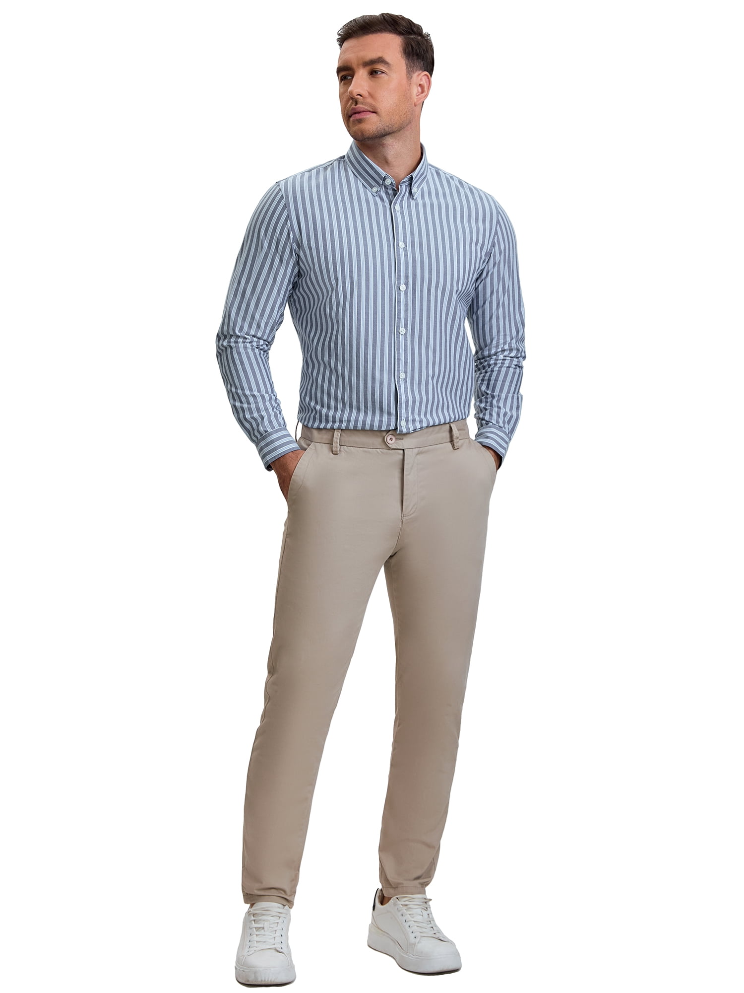 DARING DIVA Men's Stripes Long Sleeved Button Down Business Dress Shirts XL Light Gray