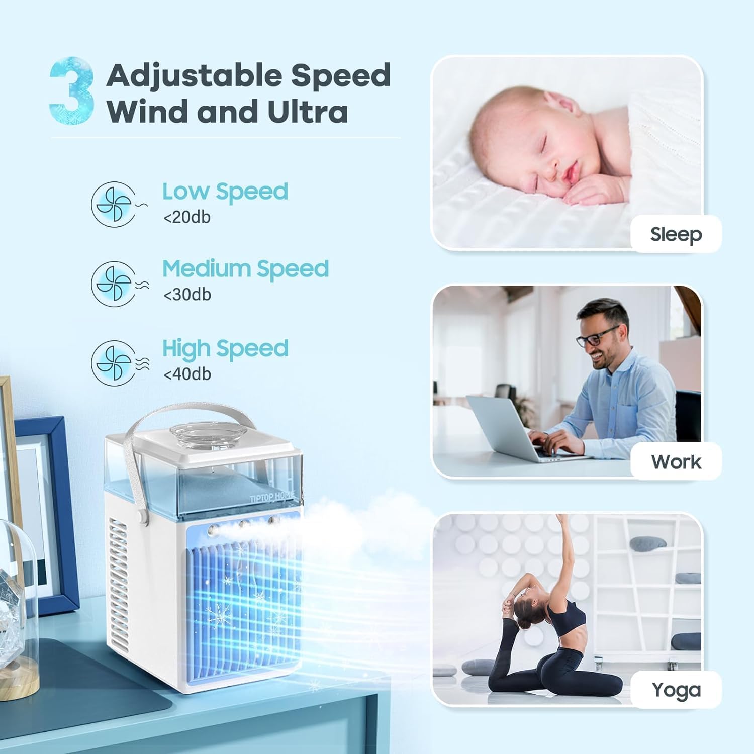 Tiptop Home Portable Air Conditioners Fan, 4 in 1 Rechargeable 3-Speed for Office Room Tent Outdoor, Blue