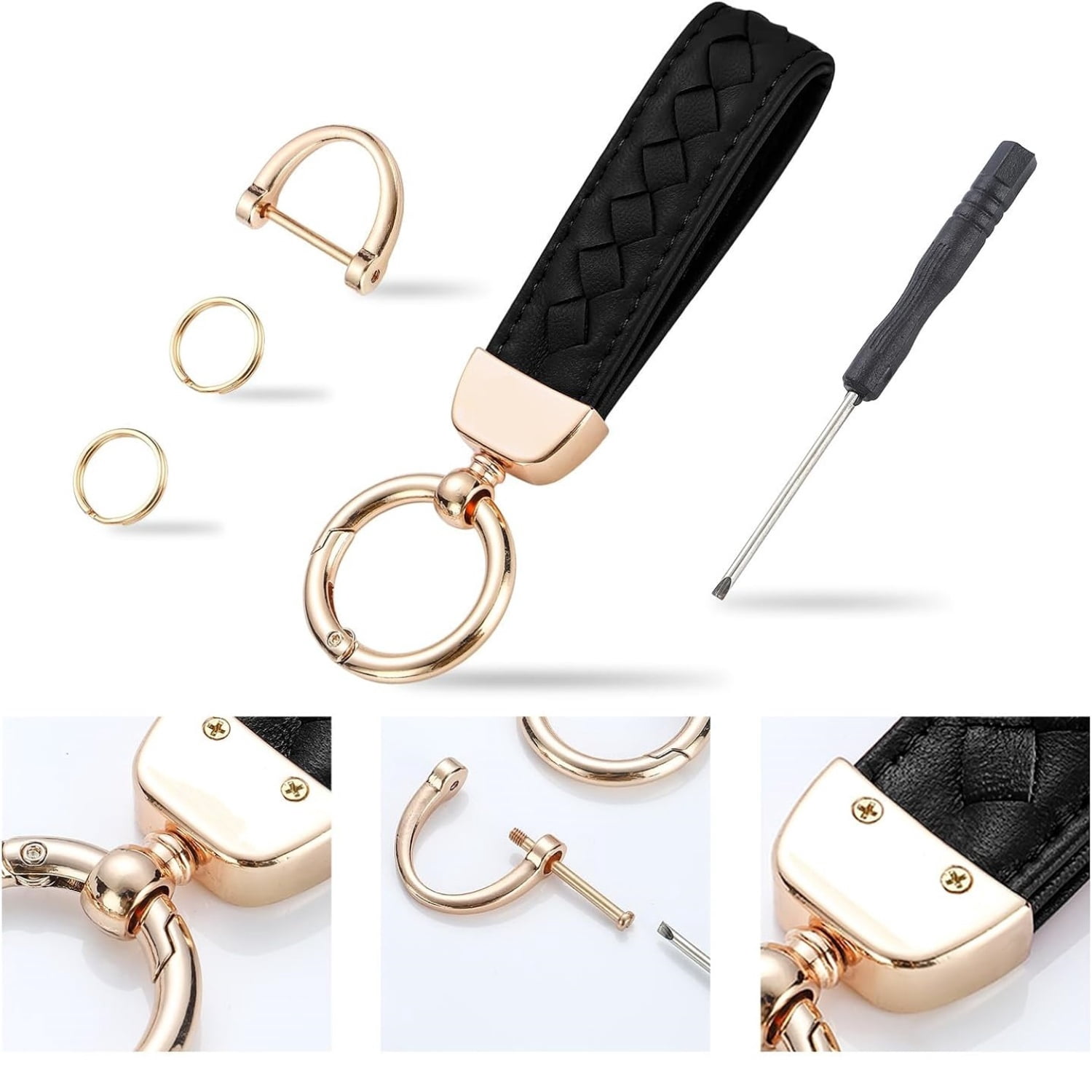 Car Keychain, Universal Key Fob Holder with 360 Degree Rotatable, Anti-Lost D-Ring, 2 Keyrings and 1 Screwdriver – Black