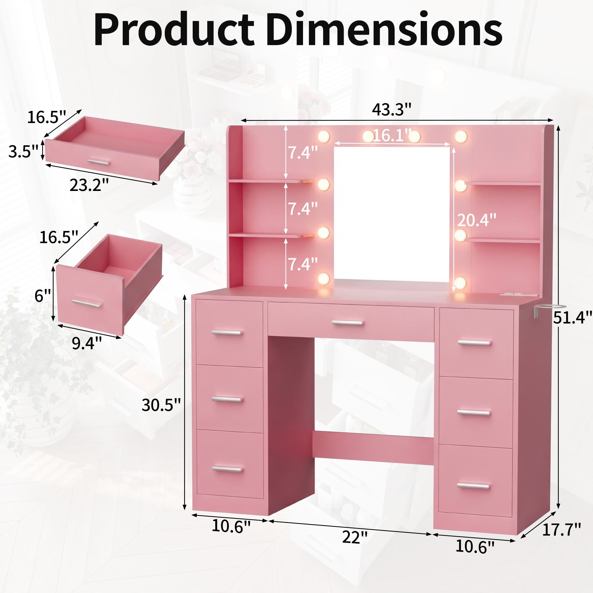 Lacoo Vanity Desk with Mirror and LED Lights, Makeup Vanity with 7 Drawers & 4 Shelves, Vanity Table with Power Outlet for Bedroom Dressing Room, Light Pink