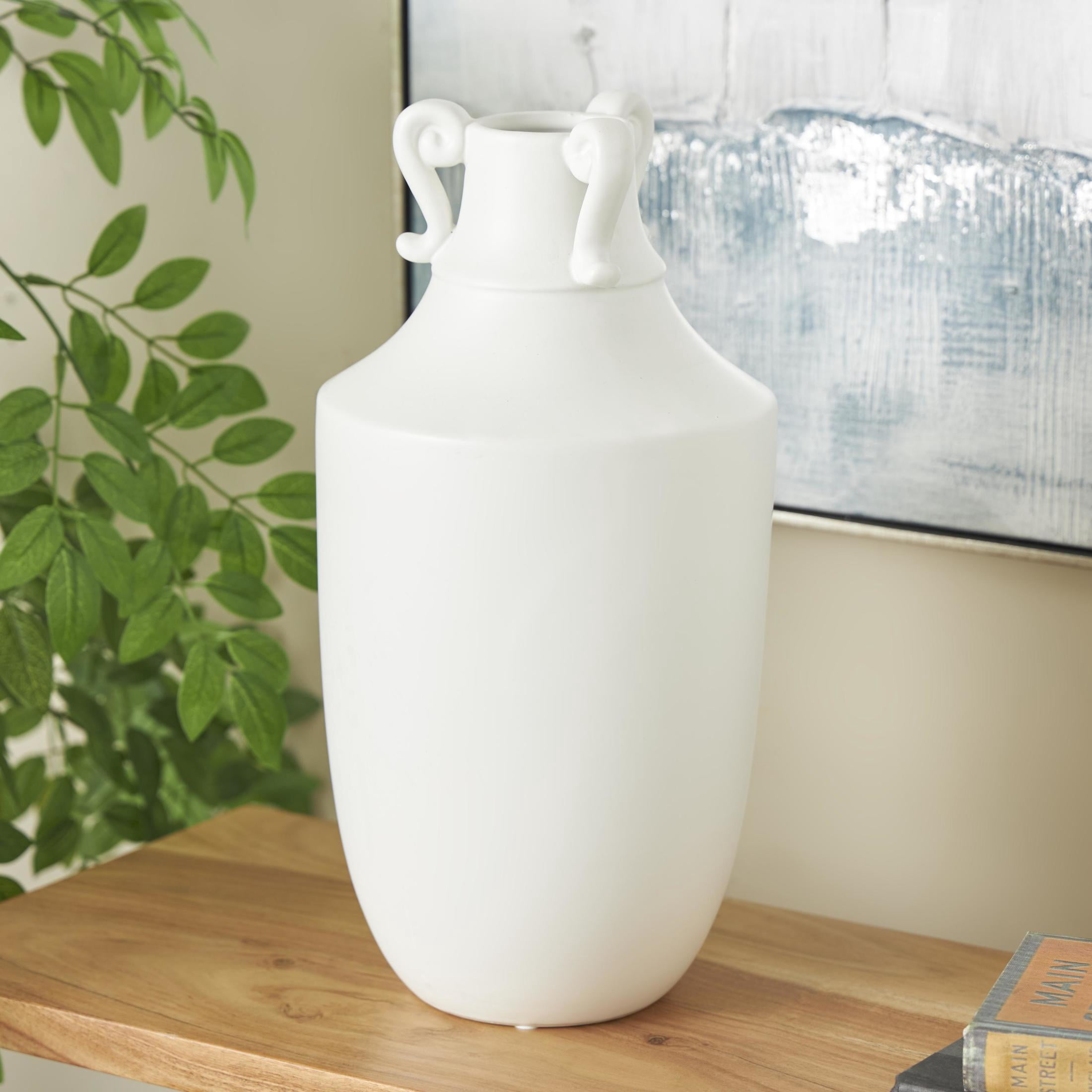 DecMode 16" Scroll Sleek Amphora White Ceramic Vase with Handles