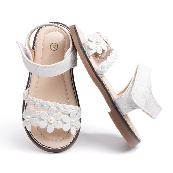 XASZHN Girls Sandals for Toddlers Soft Sole Glitter PU with Flower Weaving Design Casual Summer Shoes for Baby to Ages 1 6 Years Toddler Sandals for Outdoor Play White 30