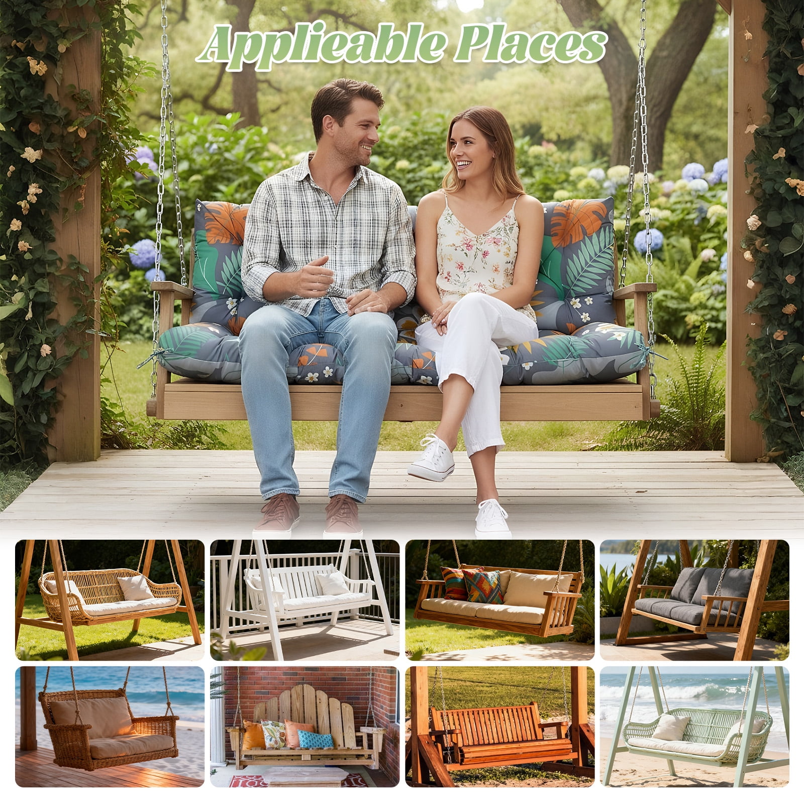 Eurhowing Outdoor Bench Cushion Waterproof, 40"x40"x4" Thick Patio Swing Chair Cushions with Ties, All-Weather High Density Foam Seat Pad for Porch Garden Furniture, Floral