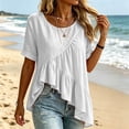 thumbnail image 3 of SZJXBUY Hauts Amples en Lin pour Femmes, Blouse d'Été Chic Décontractée à Manches Courtes, Ourlet Volanté Plissé, Hauts Basiques à Col Rond, T-Shirts Asymétriques Blancs, P, 3 of 7