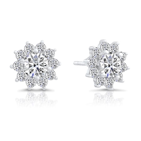 Tilo Jewelry .925 Sterling Silver Flower Halo Stud Earrings with Push-Backs & Cubic Zirconia Stones | Women, Men, Unisex