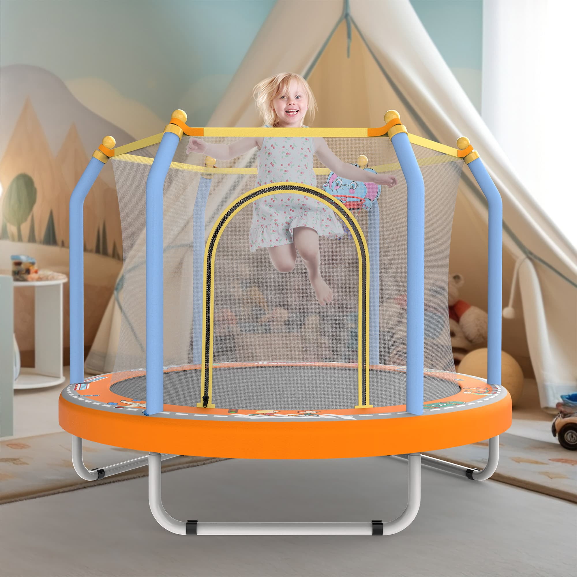 Kids Trampoline with Basketball Hoop, SUREGO 55” Indoor Outdoor Toddler Trampoline with Safety Enclosure, Foam-Padded Poles & 30 Springs, Small Trampoline for Boys & Girls, Dark Orange