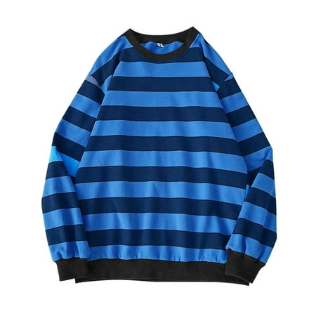 Fimkaul Women s Sweatshirt Winter Fall Long Sleeve Casual Tops Round Neck Stripe Pullover Blouse Sweatshirts Blue XXL