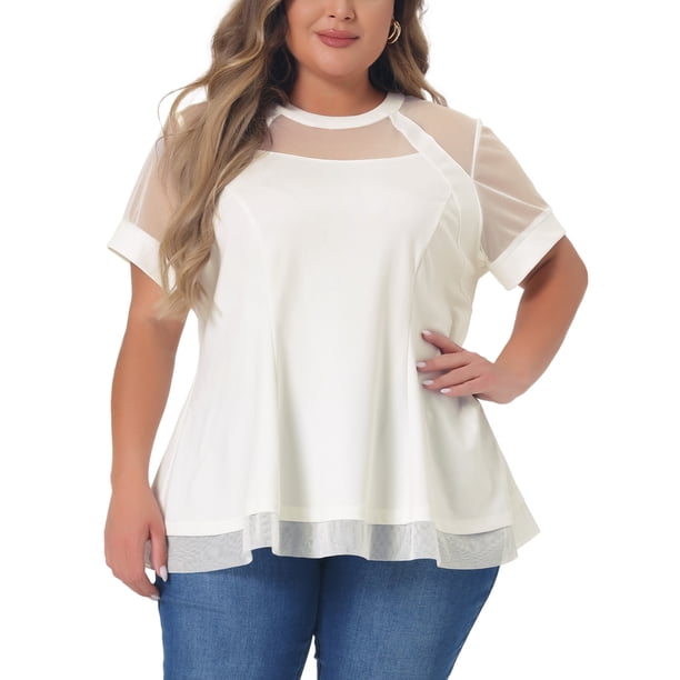 Agnes Orinda Blusas de Verano de Manga Corta con Cuello Redondo y Peplum para Mujeres Talla Grande 3X Blancas