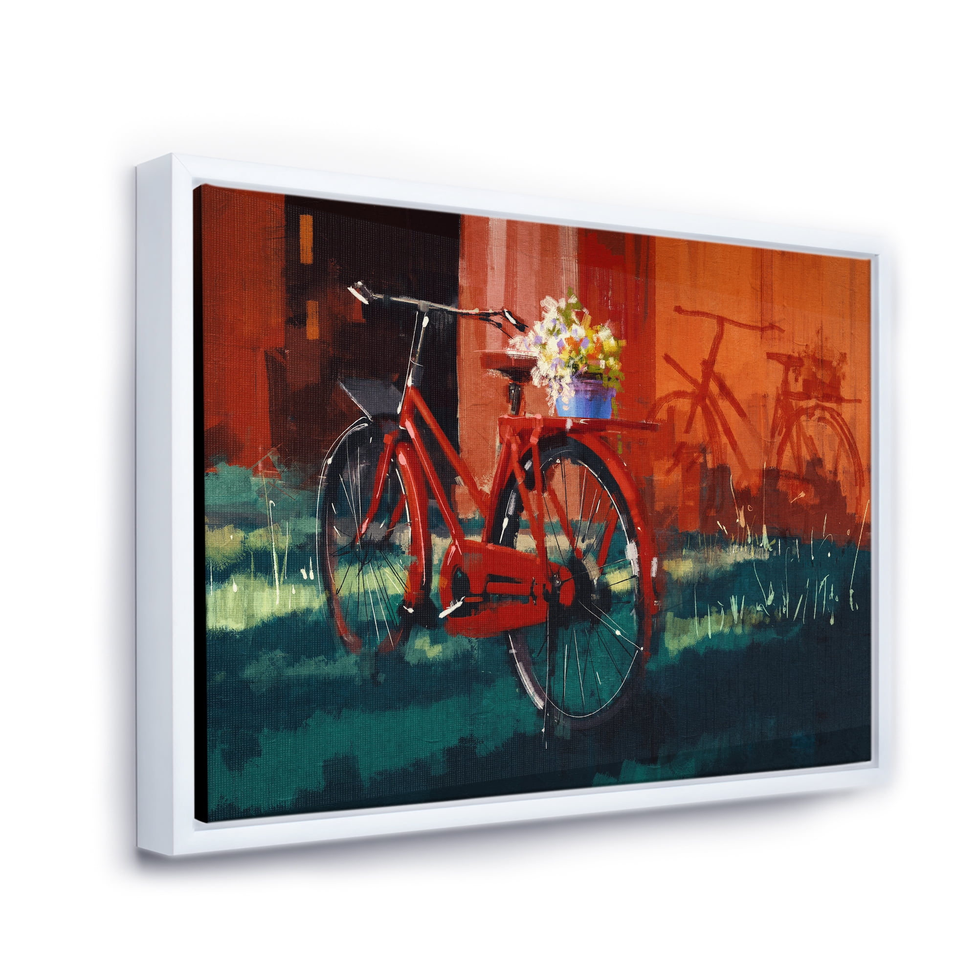 Red VIntage Bicycle With Flowers Bucket 32 in x 16 in Framed Painting Canvas Art Print, by Designart