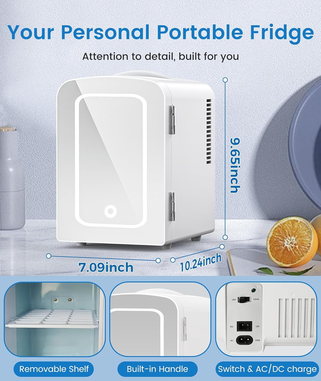 KNDKO Skincare Mini Fridge With Dimmable LED Mirror, 4L Compact Refrigerator for SkinCare, Cosmetics, Food & Drinks, Portable Small Cooler for Bedroom, Dorm, Car, Office, White