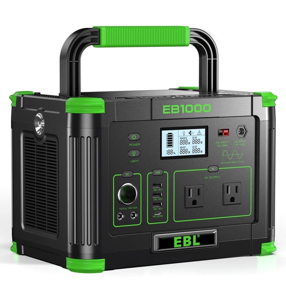 Portable Power Station 1000W (Peak 2000W) 999Wh Solar Generator 110V Pure Sine Wave AC Outlet with PD 60W USB-C Fast Charging, Outdoor Camping RV Van Home Backup Off-Grid Living