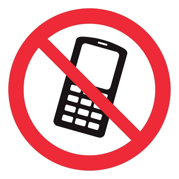 Señal prohibitiva: "No hacer uso del celular" en blanco, negro y rojo. Plástico estireno calibre 40, para interiores y exteriores, 20x20 cm. Señalamiento, Cartel, Letrero cuadrado, Señalización.