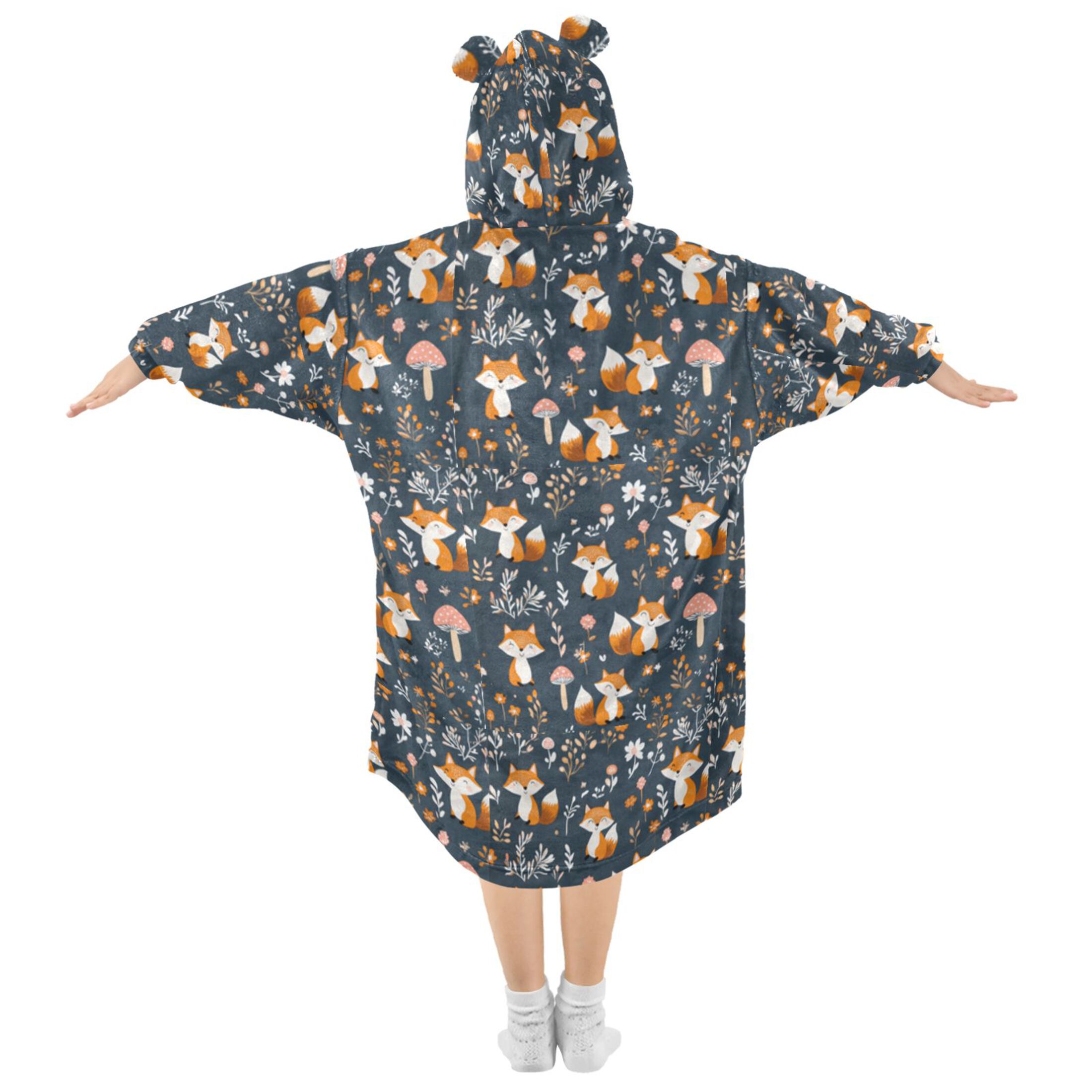 Wearable Blanket Hoodie for Kids Cute Fox and Mushrooms Flannel Hooded Blanket with Pockets and Sleeves Suitable for Boys and Girls