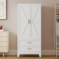 71'' Farmhouse Metal Wardrobe Cabinet with Hanging Rod, 2 Barn Door Wardrobe Closet with Adjustable Shelves,2 Drawer,for Dining Room,Bedroom,Living Room, Cloak Room,Office (White)