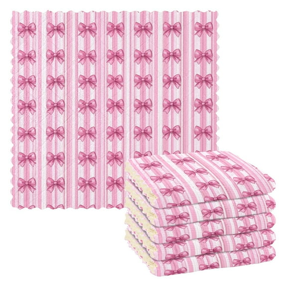 6 Pack Kitchen Dish Towels, 11 Inch x 11 Inch Reusable Cleaning Cloths for Washing Dishes Dish Cloths for Drying Dishes Pink Bows