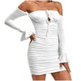 thumbnail image 7 of Womens Sexy Off Shoulder Ruched Bodycon Mini Dress Ruffle Long Sleeve Chest Lace-Up Dress Party Club Short Dresses, 7 of 7