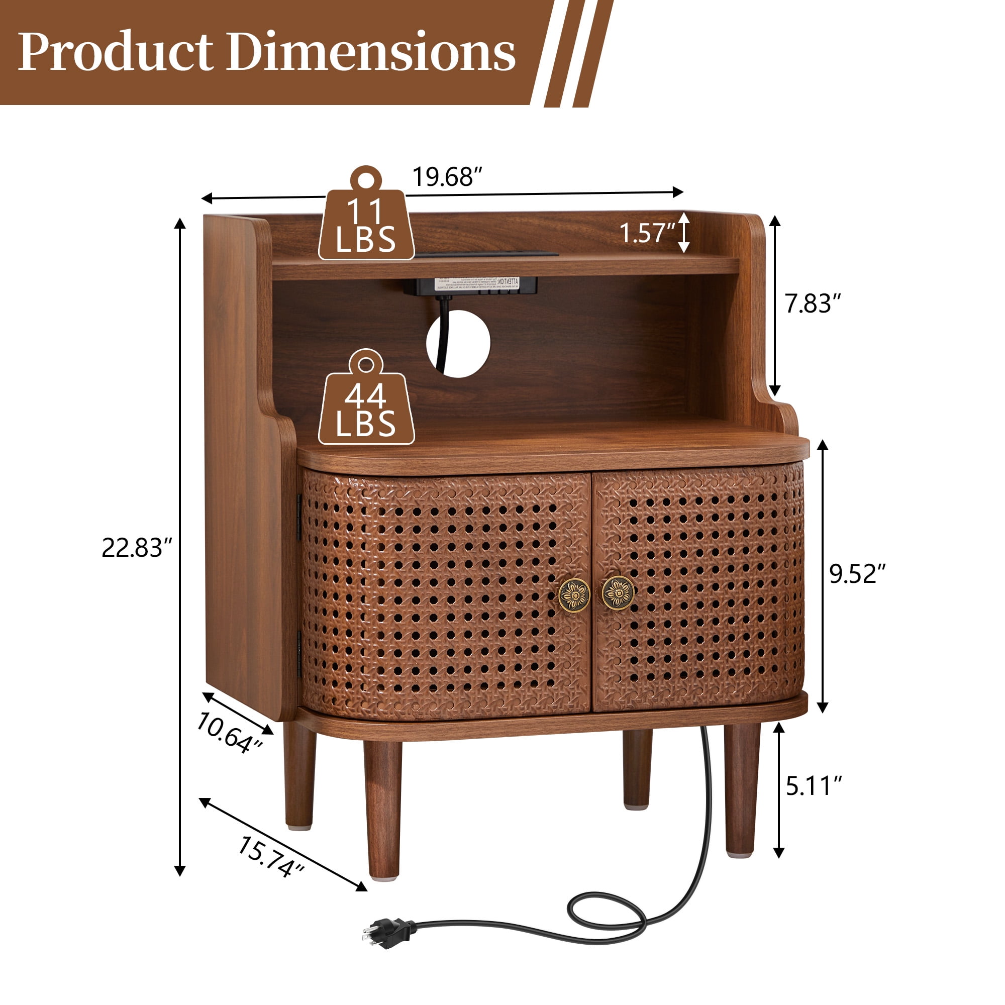 YOCWO Large Storage Nightstand Set of 2 with Charging Station Iron Rattern Pattern, Farmhouse Square End Table with 2 Door and Open Shelf for Bedroom Living Room, Walnut