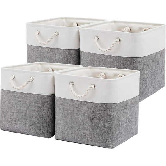 12 x 12 Inch Cube Storage Bins, 6 Pack Large Collapsible Fabric Storage Bin with Ropes, Foldable Storage Cubes for Home, Office,Closet, Clothes, Toys Organizer (White & Grey)