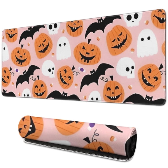 Long Mouse Pads for Desk,Halloween Pumpkins Ghosts Skulls and Bats Desk Mats on Top Of Desks, Desk Mouse Pad Extra Large with 3mm Non-Slip Base and Stitched Edge for Gaming,Work,Home 31.5x11.8in