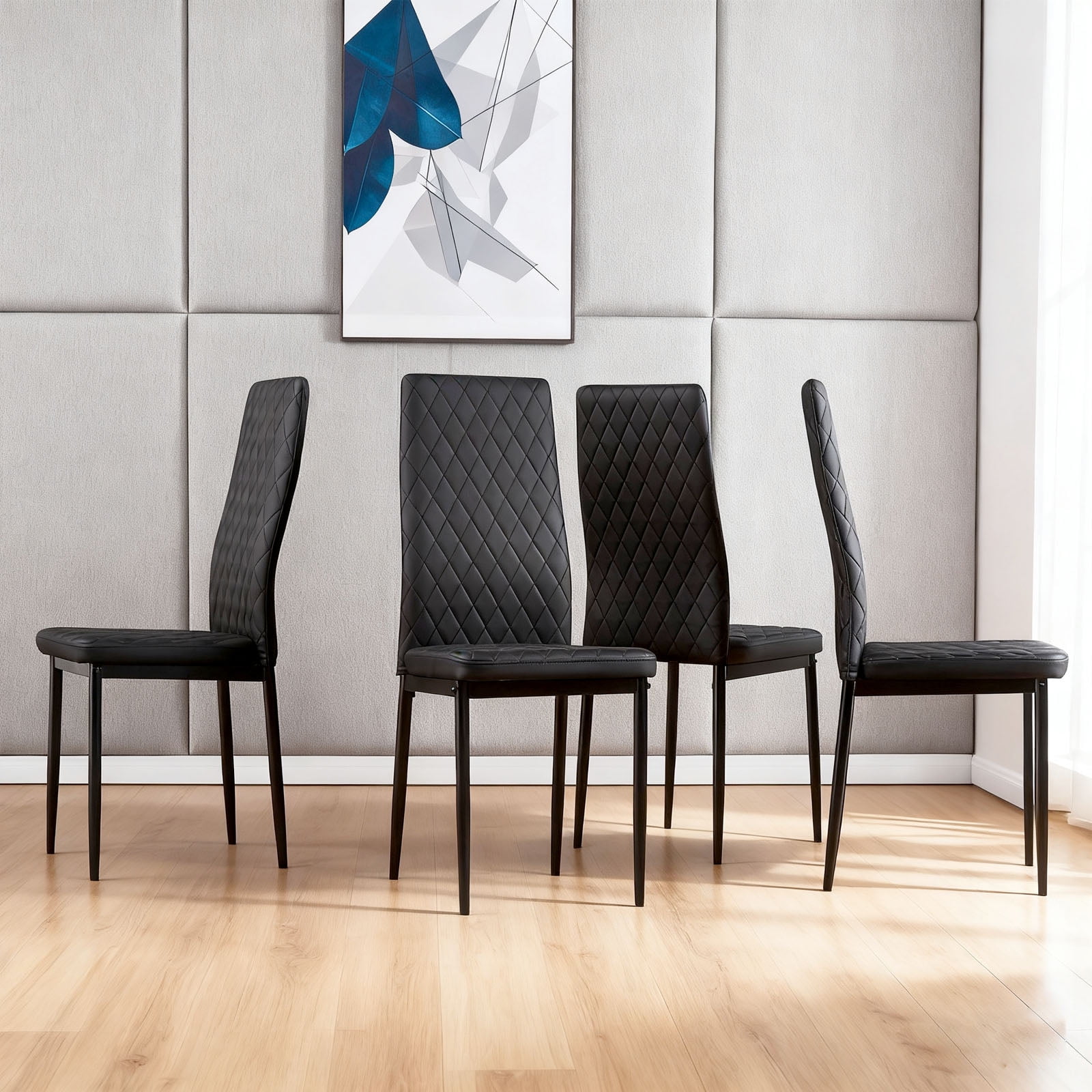 Noble House Modern Dining Chair Set of 4, Fireproof Leather Upholstery with Diamond Grid Pattern and Metal Frame,Black