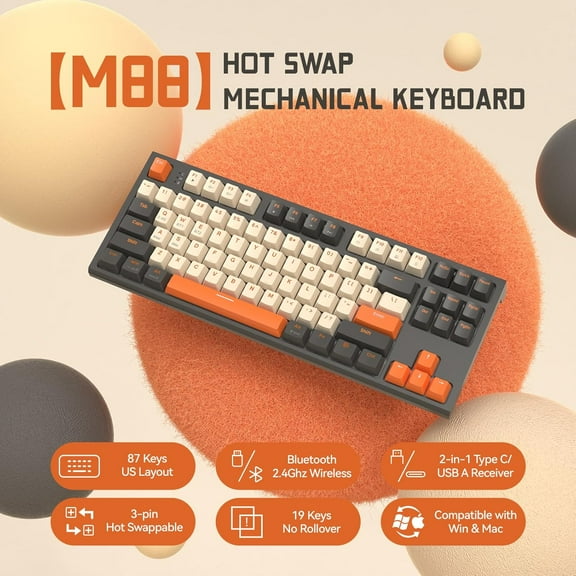ZIYOULANG M88 Wireless Gaming Keyboard, Hot Swappable TKL Mechanical Keyboard, Bluetooth/2.4Ghz Dual Mode Connect, Type C/USB A 2-in-1 Receiver, 87 PBT Keycaps Red Switch for PC/MAC - Grey & Orange