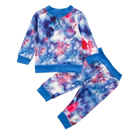 

Honeeladyy Winter Coats Newborn Infant Baby Boys Girls Long Sleeve Tie Dyed Tops Pants Outfits Set Blue Clearance under 10$