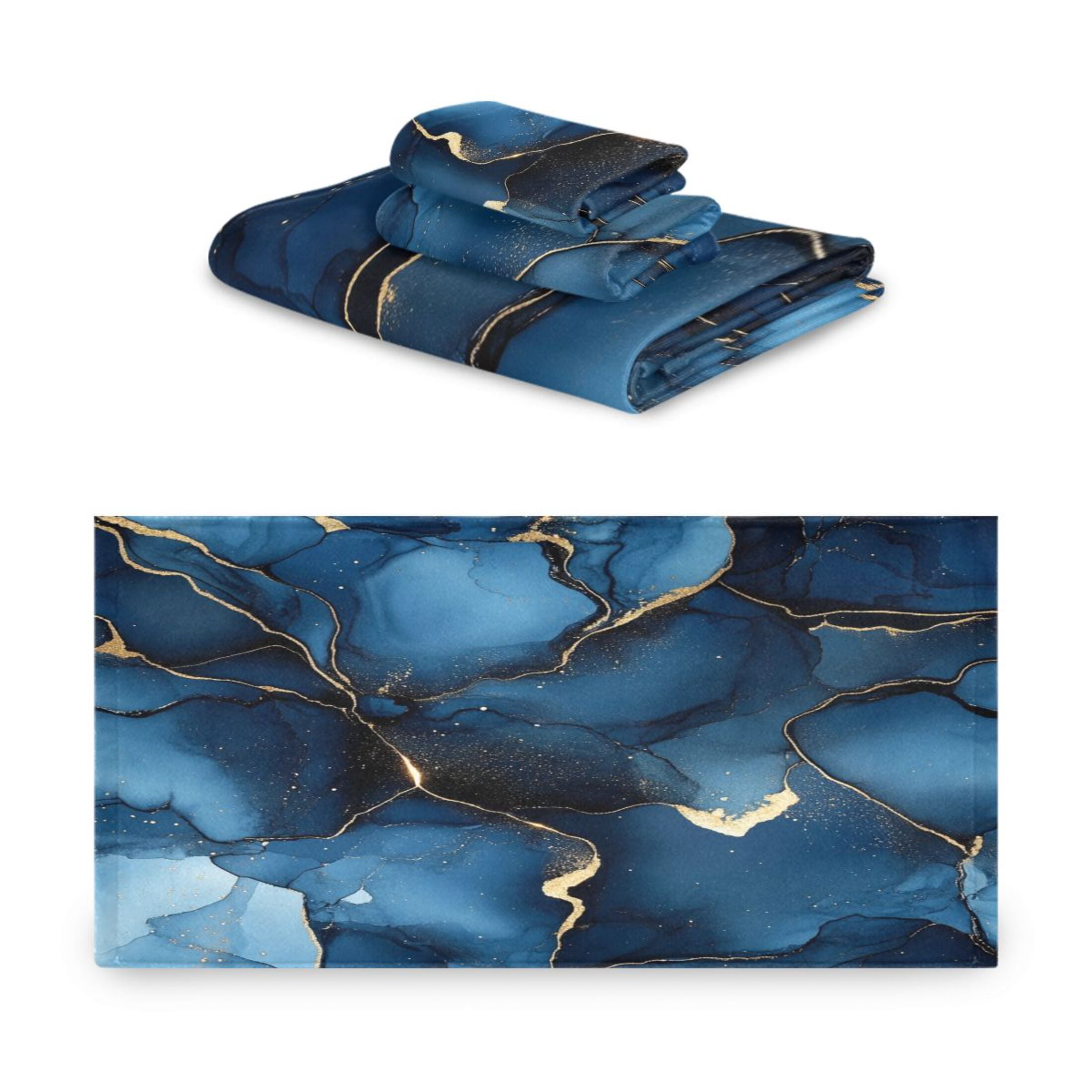WOBOGO Navy Blue Gilt Marbles Ultra Soft 3 Pack Cotton Towel Set Includes 60 x 30in Bath Towel 28 x 16in Face Towel and 13 x 13in Small Square Towel for Everyday Use Lightweight and Compact