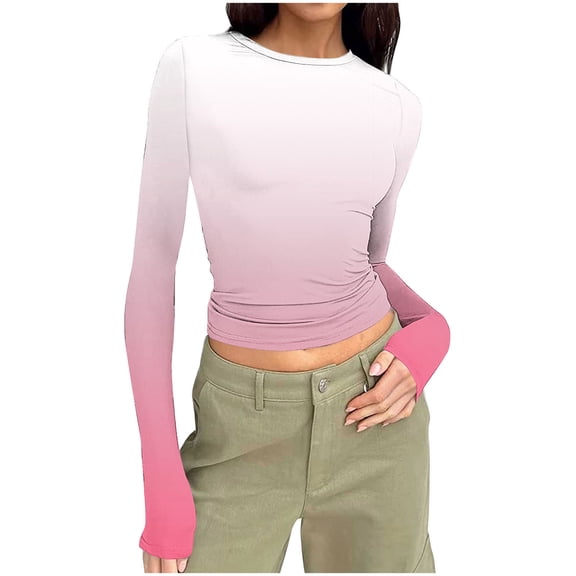 Bixock Women's Long Sleeve Shirts Basic Tee Random Print Ribbed Crew Neck Top Elastic Slim Cut Casual Blouse Inner Outer Layer Travel Vacation Clothes