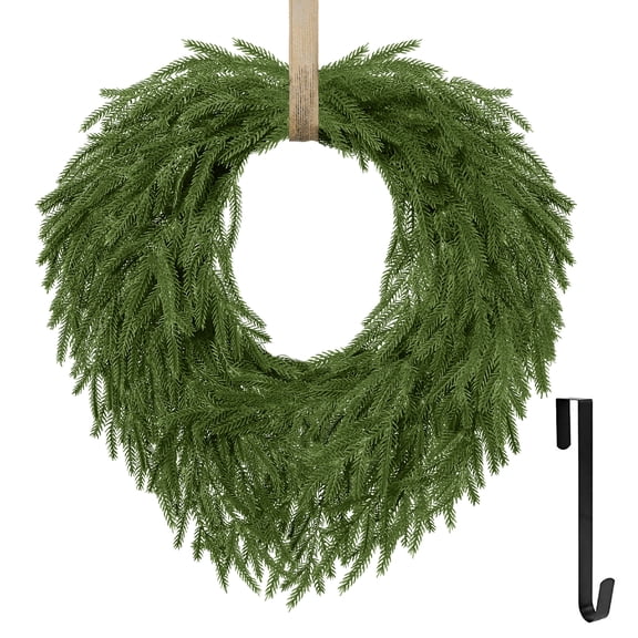 HKKDKTA 24" Norfolk Pine Christmas Wreath for Front Door, Christmas Door Wreath with Hook, Xmas Decor
