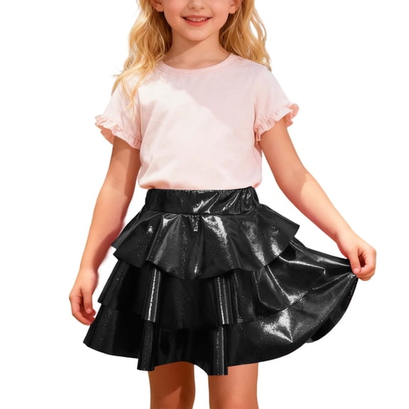 XAOFW Girls Skirts Glitter Tiered Cake Ruffle Hem Shiny Tutu Pleated Soft Comfortable Party Night Skirt