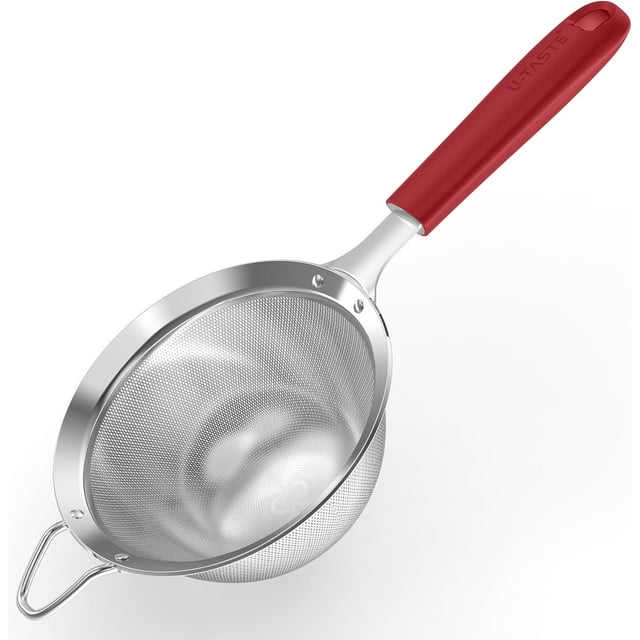 U-Taste Medium Fine Mesh Strainer: 18/8 Stainless Steel 4.73in 30 Mesh Kitchen Food Sieve with Sturdy Riveted Silicone Handle, Heavy Duty Deep Handheld Metal Colander for Rice, Quinoa (Red)