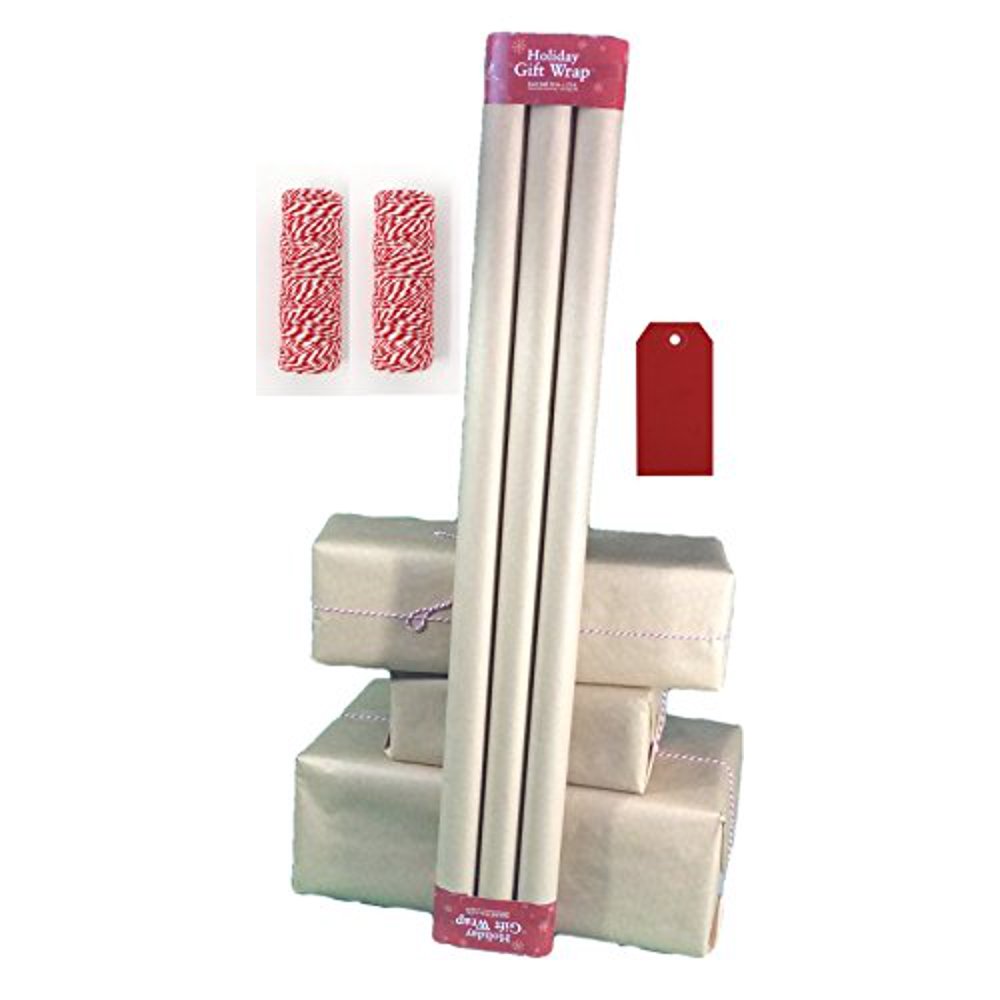 Plain Kraft Wrapping Paper/Postal Wrap (3 Rolls Deluxe 30" Striped Embossed/2 Twine/Tags