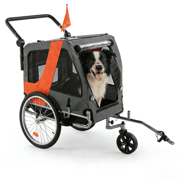 Ktaxon 2-in-1 Pet Bike Trailer Dog/Cat Carrier for Travel with Brake, Reflective Lights, Foldable Frame, Bicycle Wagon Cargo Carrier, Max 132LBS , Gray Orange