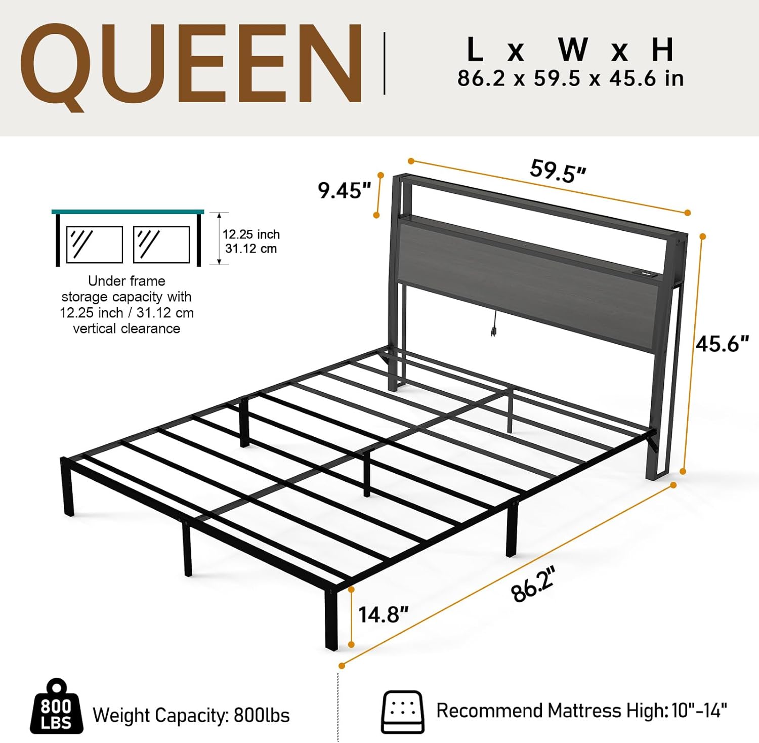 DRNANLIT Queen  Bed Metal Platform Bed Frame with LED Lights Storage Headboard＆Charging Station,Noise Free, Easy Assembly, Dark Grey
