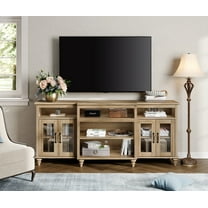 Oak TV Stand for TVs Up to 75 inch, 4-Door Glass Farmhouse TV Console with 9 Storage Cabinets, 70''