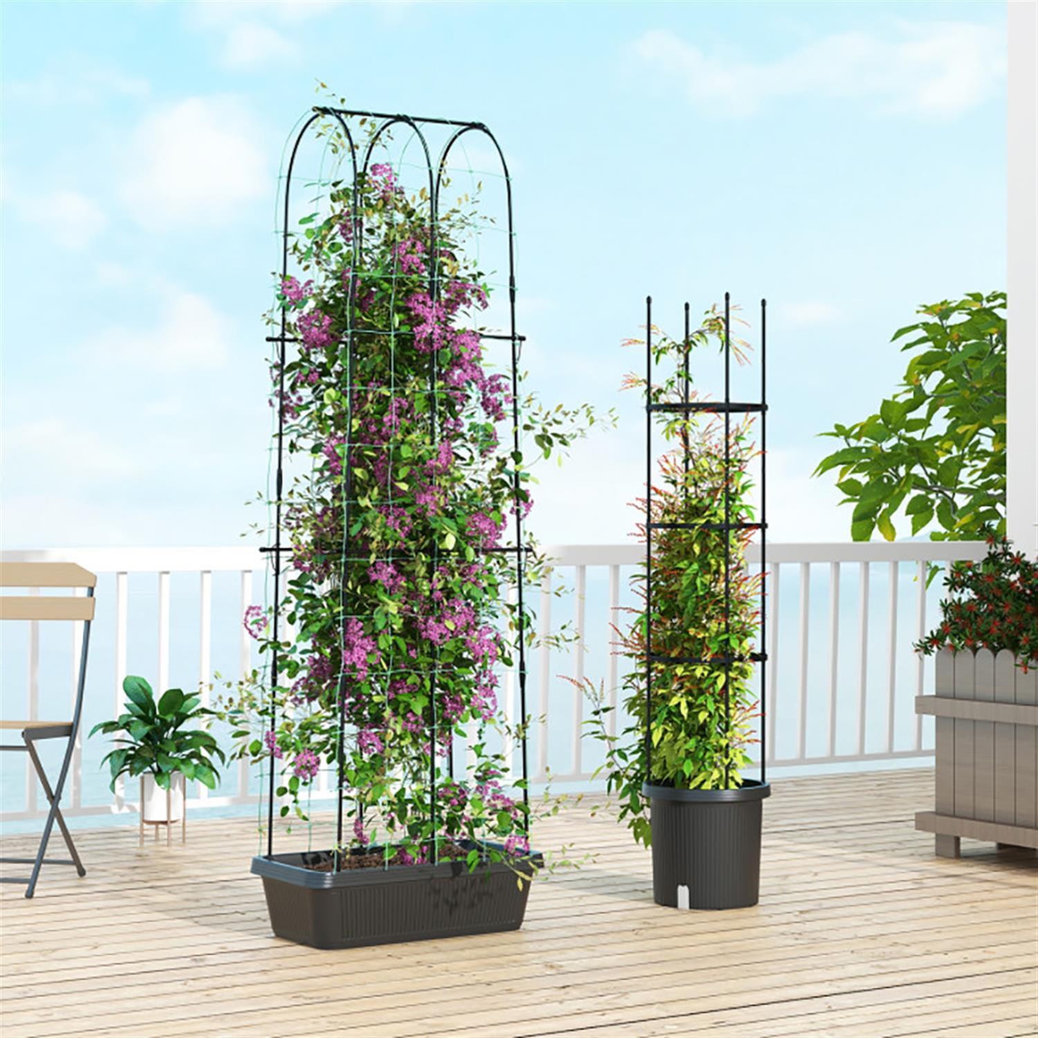 Spaco 2 Pack Planter Box with Trellis Cucumber Trellis Tomato Cage, Horticulture Outdoor Garden Bed for Patio, Lawn, Yard, Balcony, Black