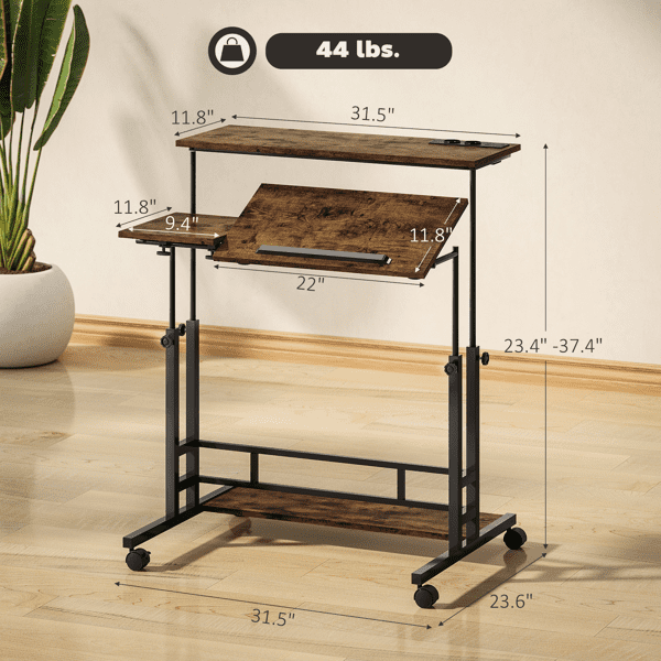31.5" Manual Adjustable Standing Desk, 3-Panel Tiltable Desktop, 4 Lockable Casters, Particleboard & Steel Frame for Home Offices