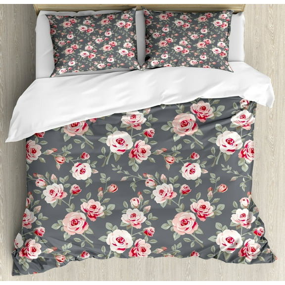 Shabby Flora Duvet Cover Set, Vintage Style Vibrant Roses Leaves Bush Buds Stems Rural Area Classical, Decorative 3 Piece Bedding Set with 2 Pillow Shams, Calking Size, Multicolor, by Ambesonne