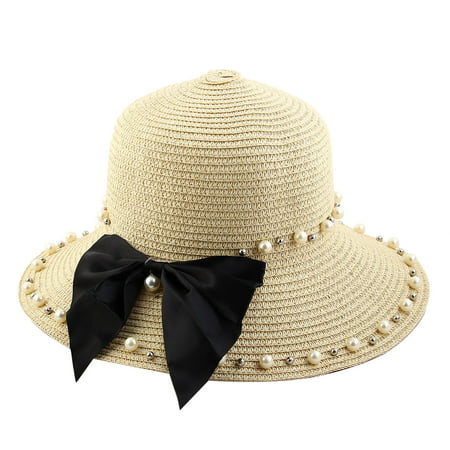 Women Lady Straw Imitation Pearl Decor Brimmed Beach Hat Topee Floppy Cap