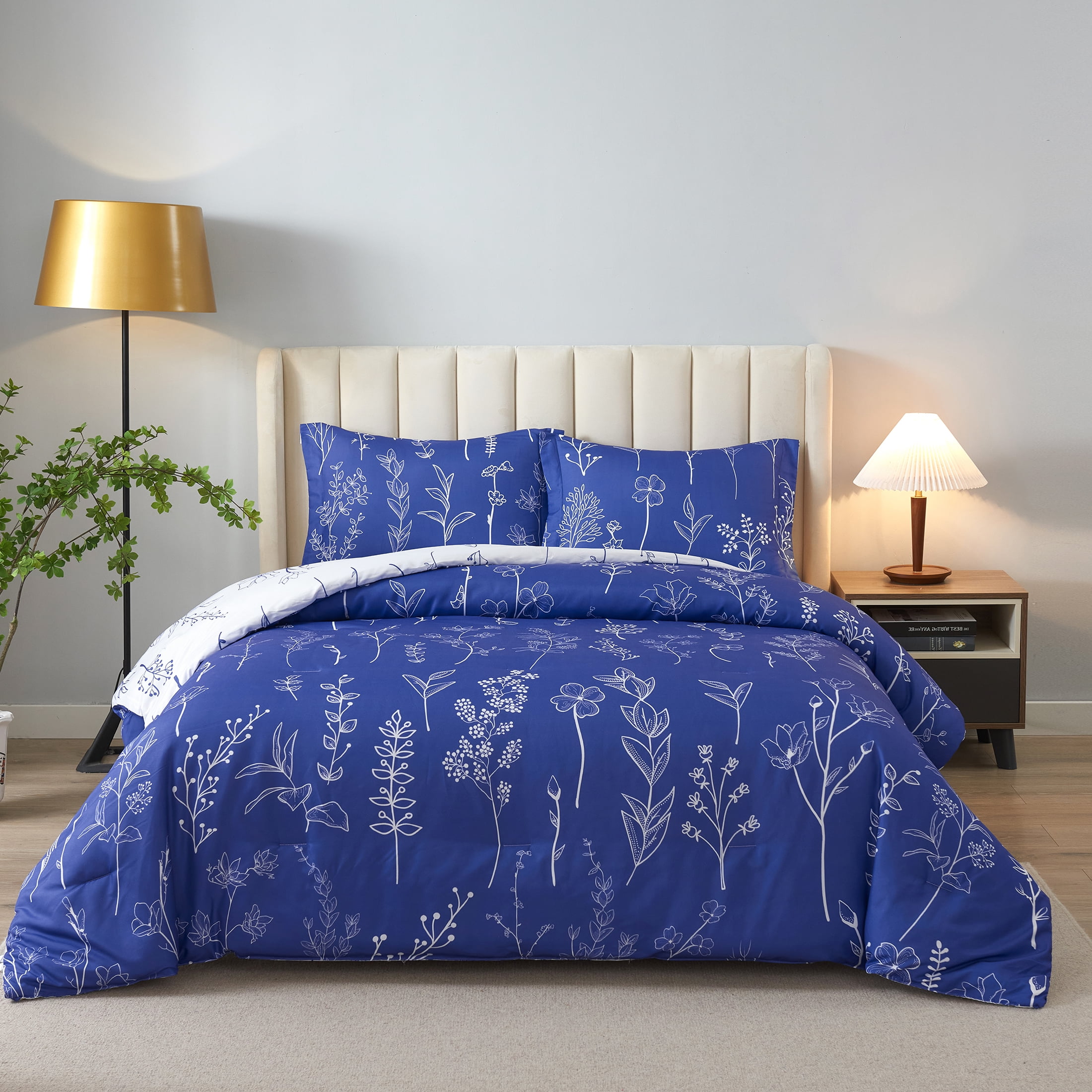 Koniroom 3PCS Floral Full/Queen Comforter Set, Blue Purple Summer Bed