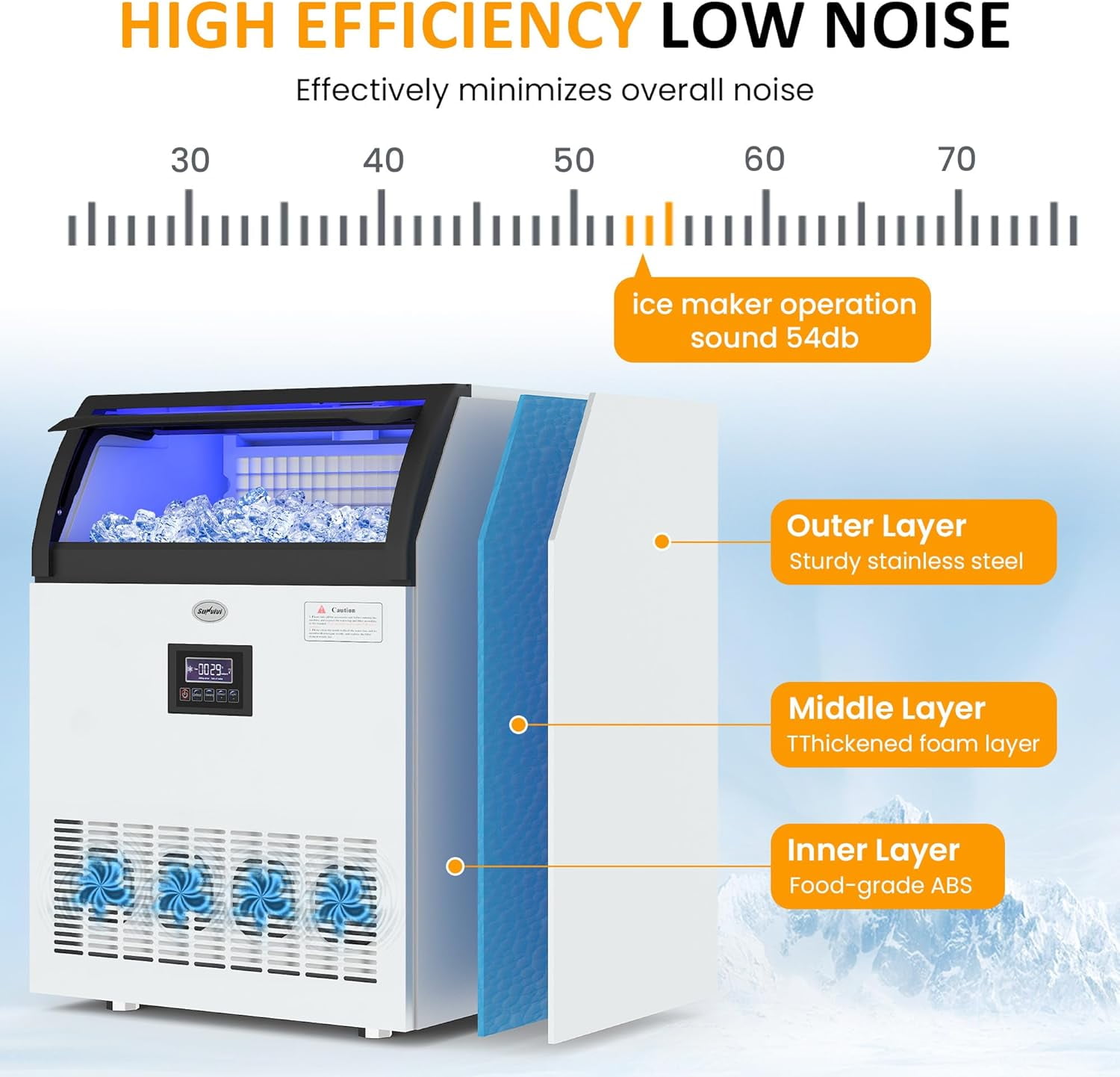 Heynemo Commercial Ice Maker Machine, 265LBS/24H, 55LBS Storage Bin, Stainless Steel Under Counter Ice Machine for Restaurants, Bars, and Home Use, Includes Water Filter, Scoop, and Hose