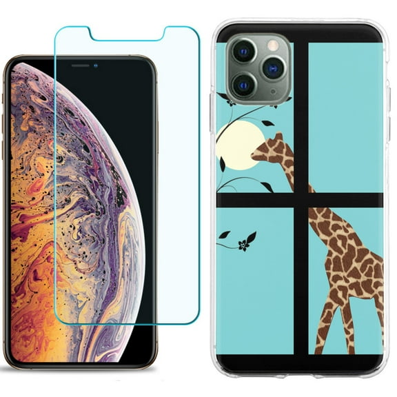 For Apple iPhone 11 Pro Case , Slim-Fit TPU Protective Phone Case with Tempered Glass Screen Protector, by OneToughShield ® - Moon Giraffe