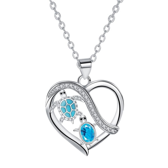 Sea Turtle Heart Infinity Pendant Necklace, Blue Crystal Ocean Turtle Jewelry Gift for Women